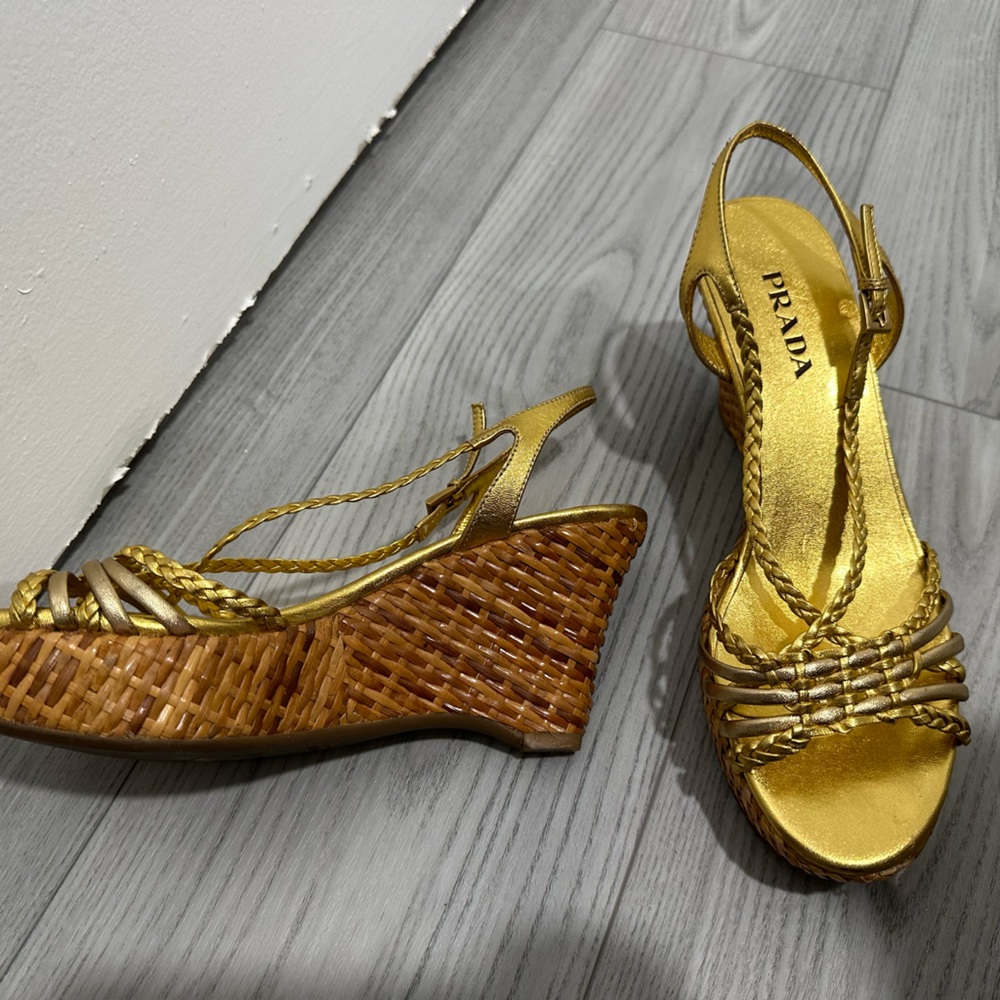 Prada Metallic Gold Braided Wedges